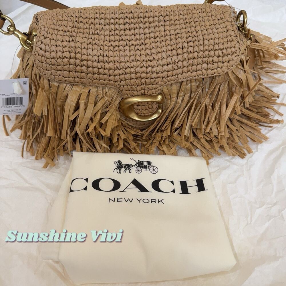 NWT Coach Tabby Straw Fringe Shoulder Bag 26 Brass Natural CEN84 Leather